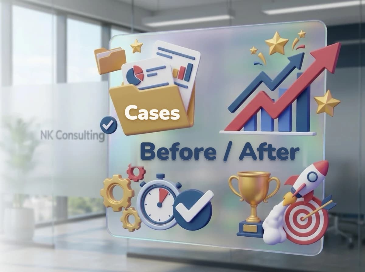 3D illustration on a glass panel: a case folder, a rising chart, a stopwatch, a trophy and a rocket around the words “Before / After”