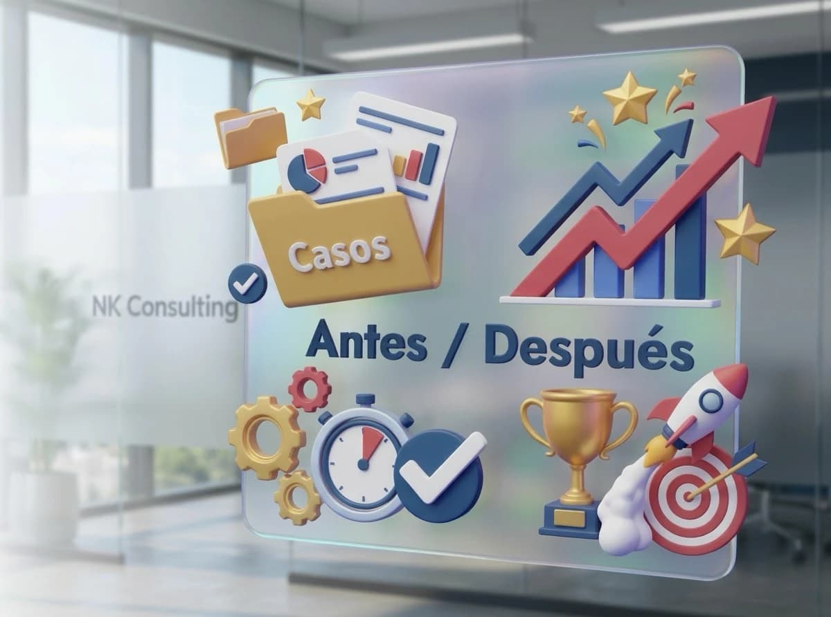 Ilustración en 3D sobre un panel de cristal: una carpeta de casos, una gráfica que sube, un cronómetro, un trofeo y un cohete junto al texto «Antes / Después»