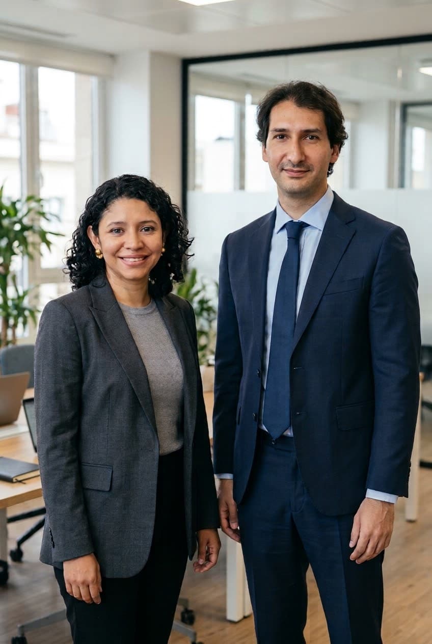 Los dos fundadores de NK Consulting, de pie y sonriendo en una oficina