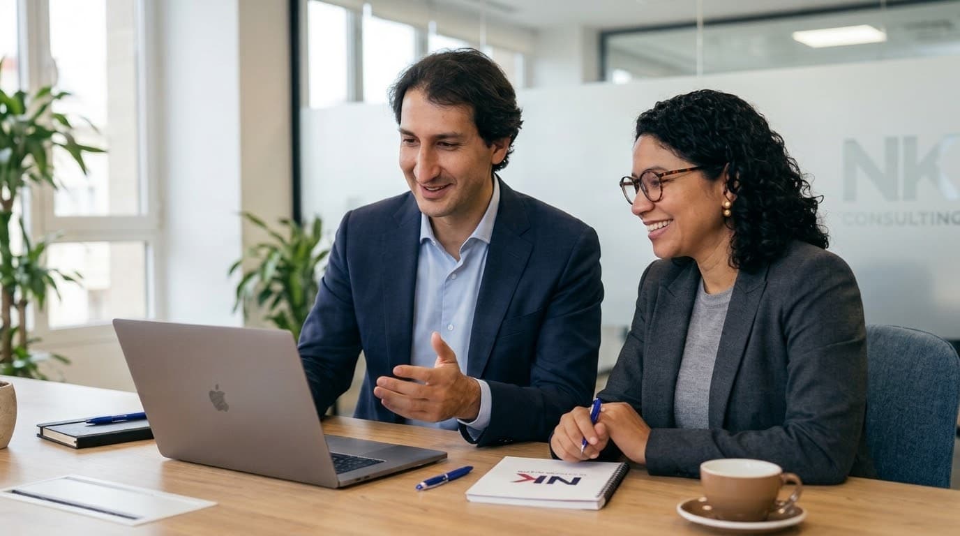 Los fundadores de NK Consulting conversando en una mesa de reuniones con un portátil